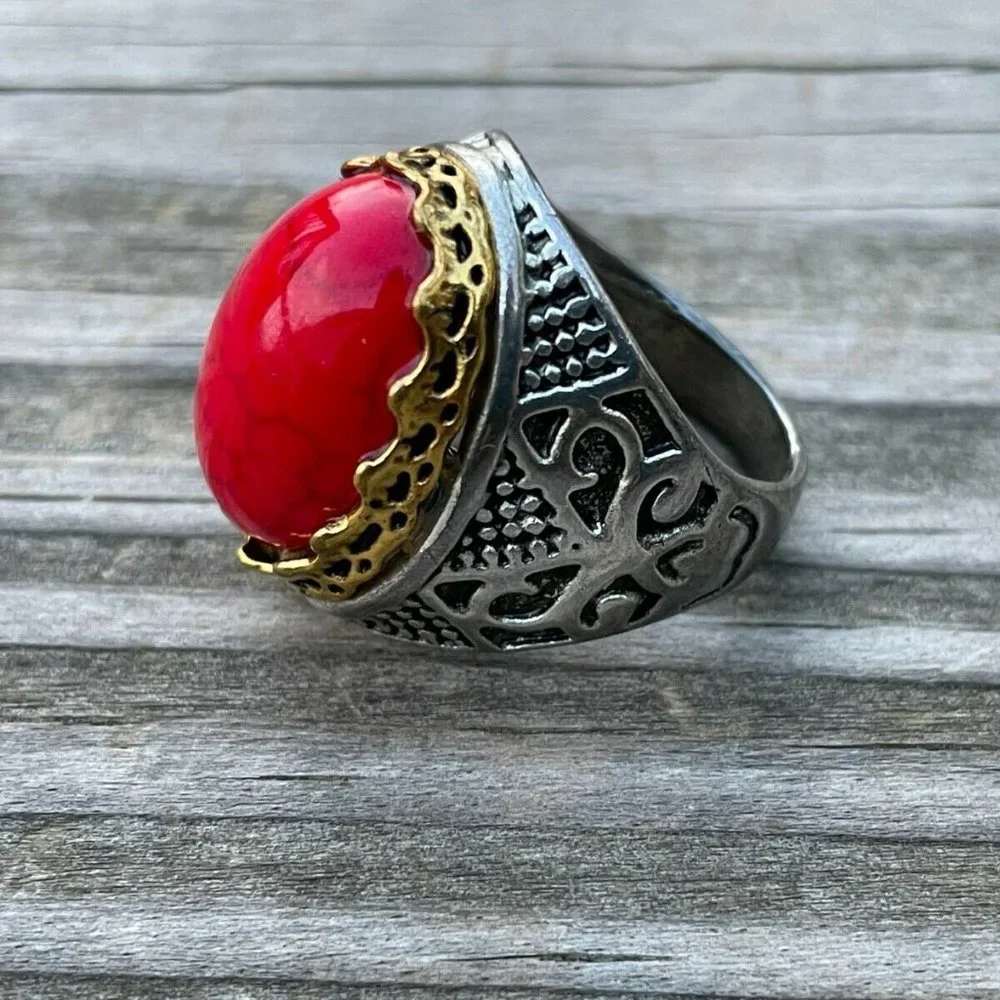 Men Rings Faux Red Stone SilverGold Rings Men Fashion Jewelry Size 8